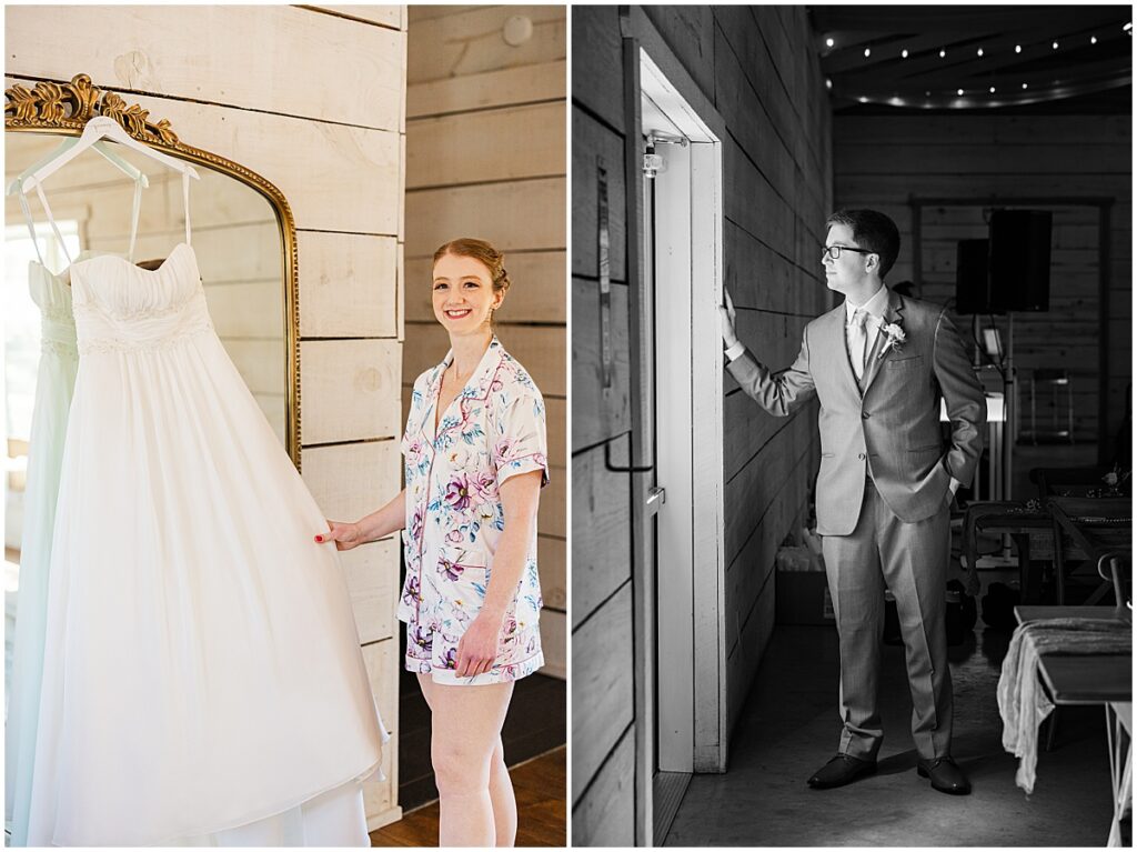 bride looking at dress and groom ready in suit looking out the window
