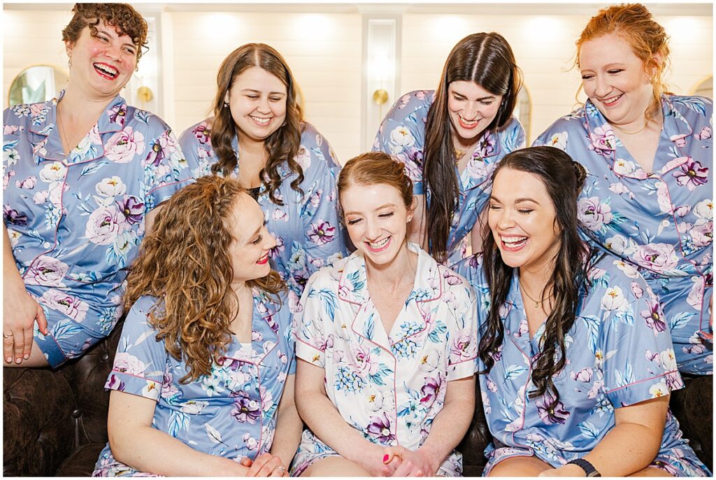 Bride with bridesmaids in floral pj's