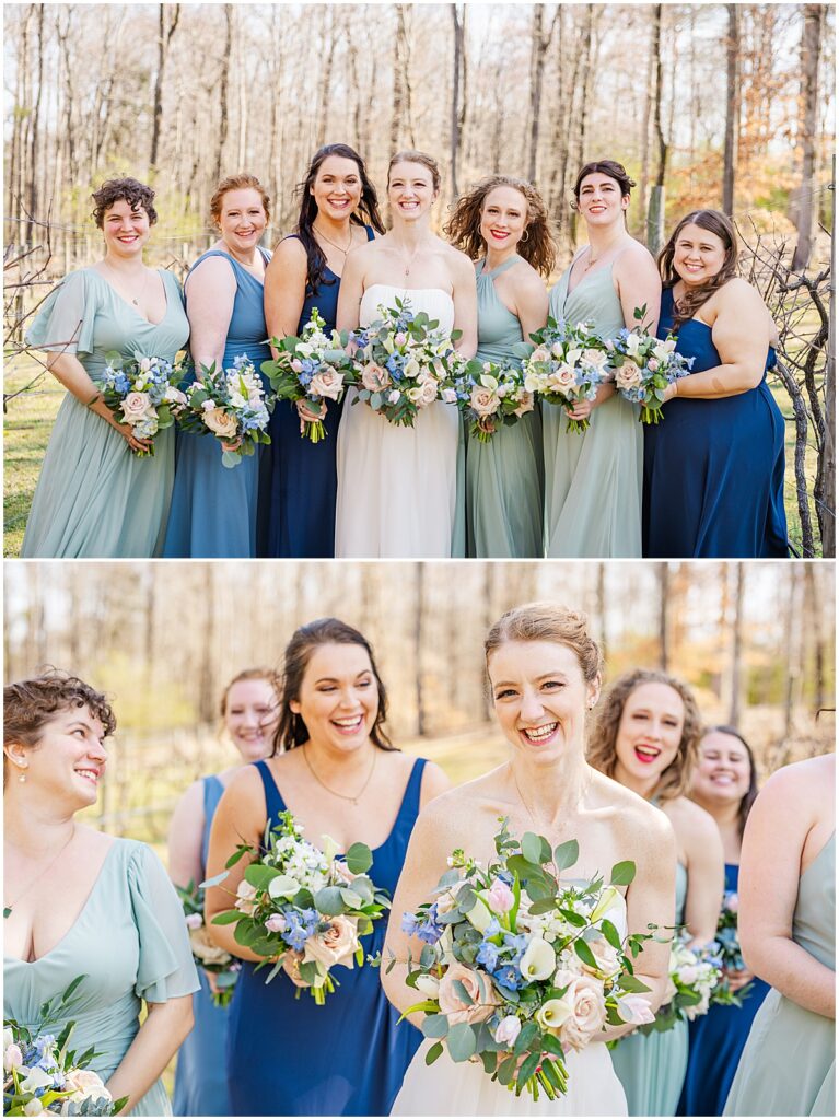 Bride with bridesmaids in shades of blue dresses