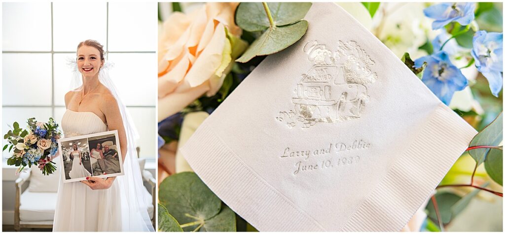 Bride holds photo of her with late mom and a napkin from her parents wedding