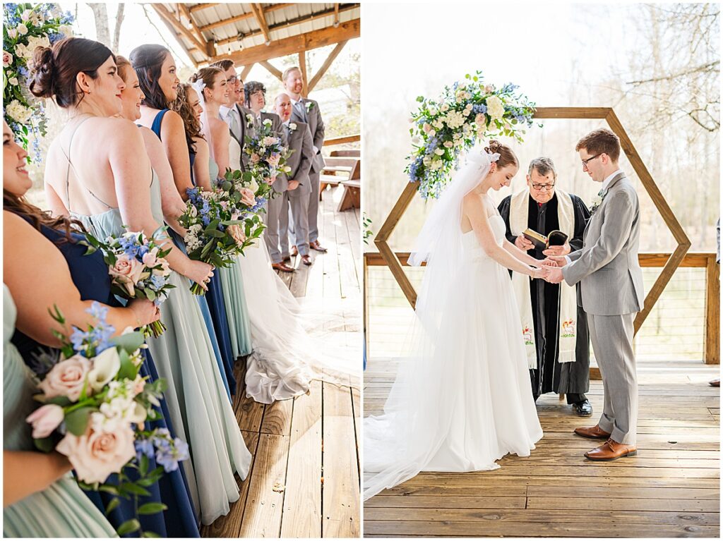 Bride and groom exchanging vows and bridesmaids looking on