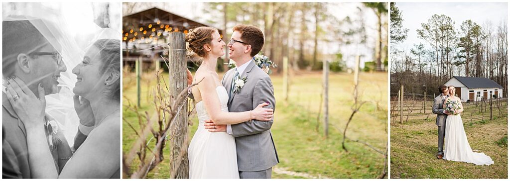 Bride and groom in the vineyards at Koury Farms