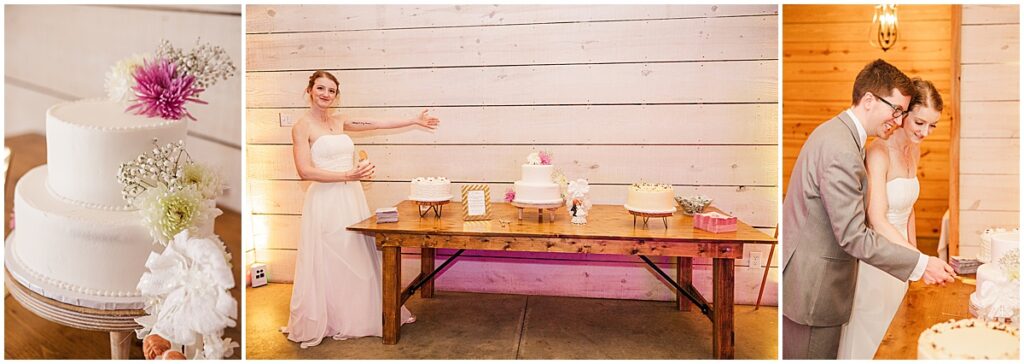 Bride showing the desert table with close up of cake and bride and groom cutting cake