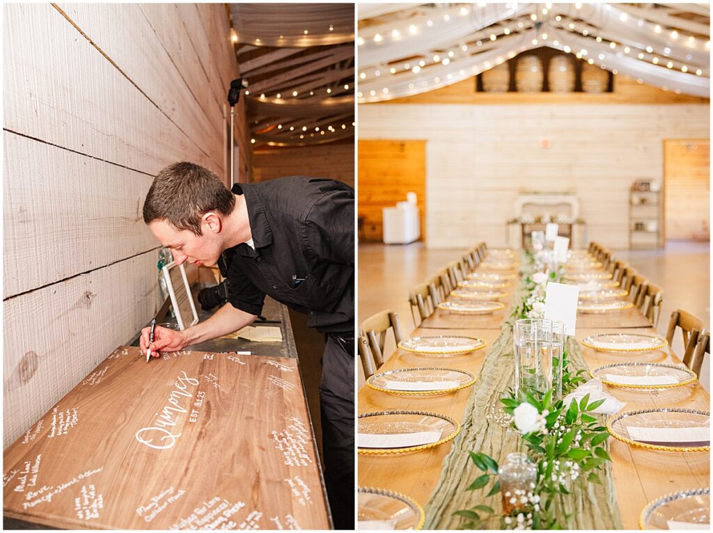 Wedding reception layout at Koury farms with a guest signing the guest book board