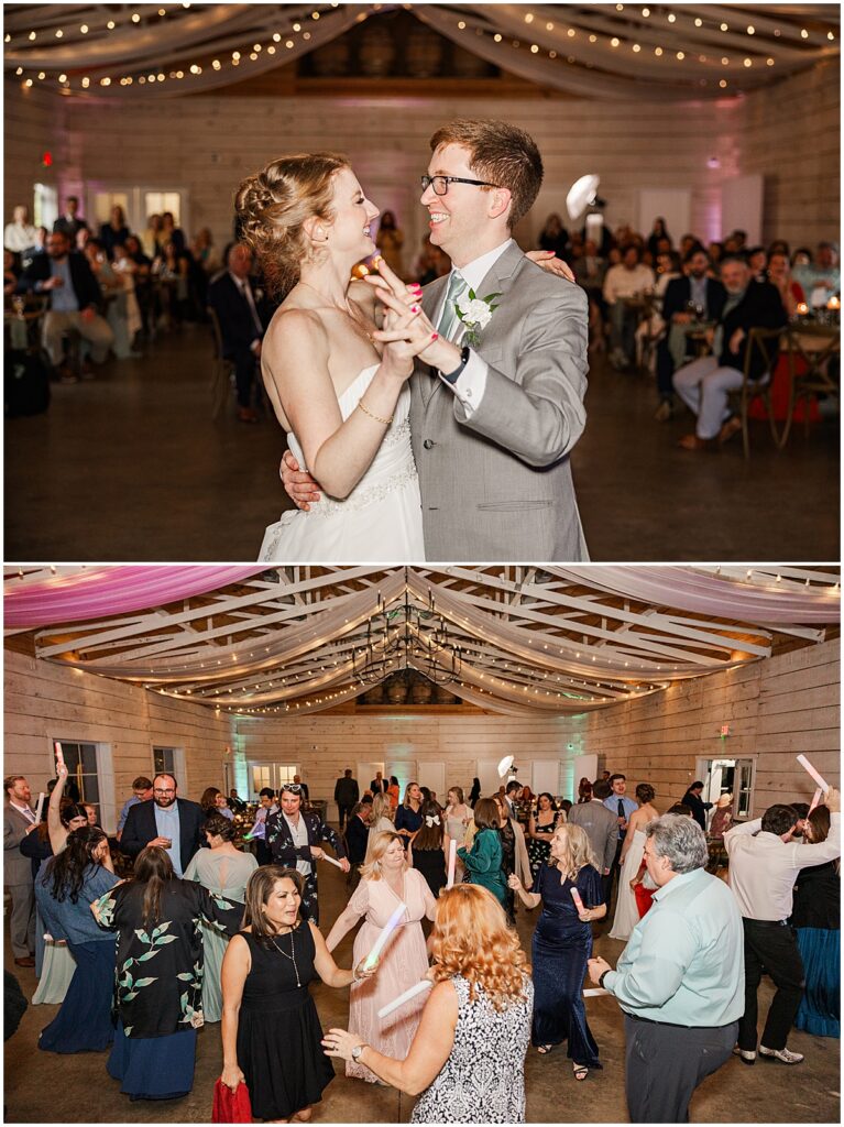 Bride and groom first dance and guest dancing at Koury Farms wedding