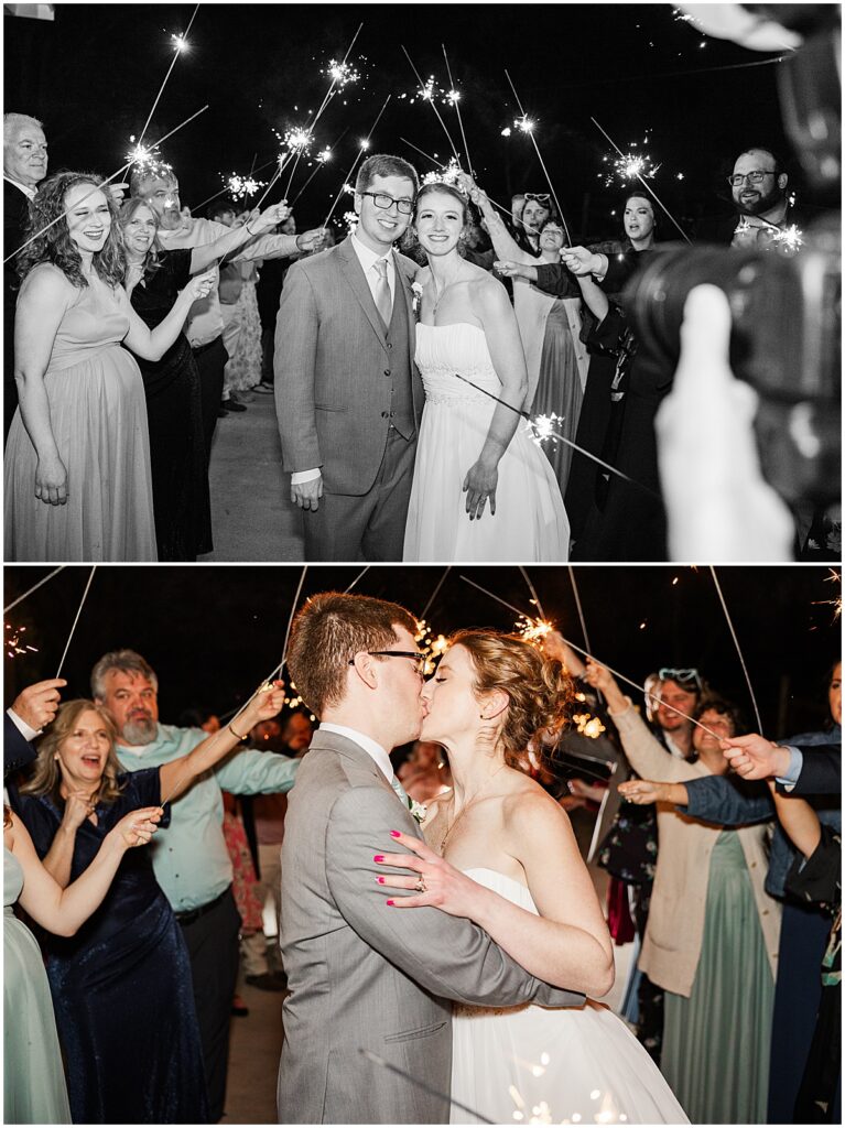 Sparkler exit and bride and groom kissing
