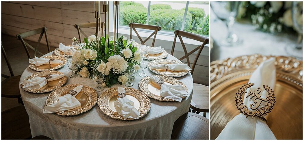 wedding table decor including kvory florals, gold chargers and napkins