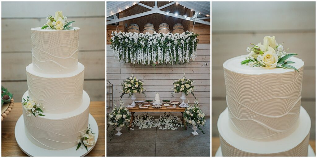 dessert table display with 2 white cakes and stunning florals inspiration displays