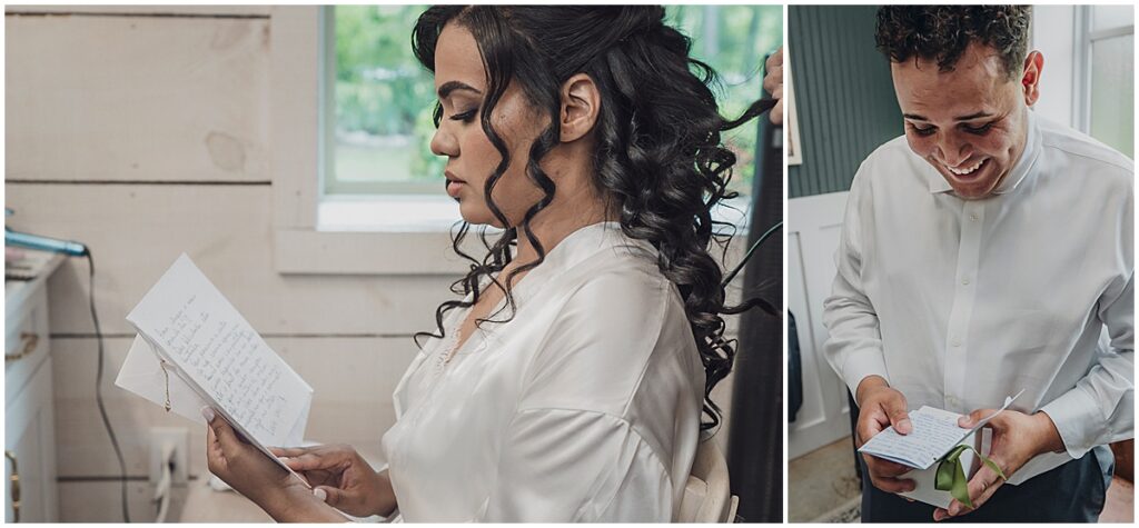 bride and groom reading love notes to each other