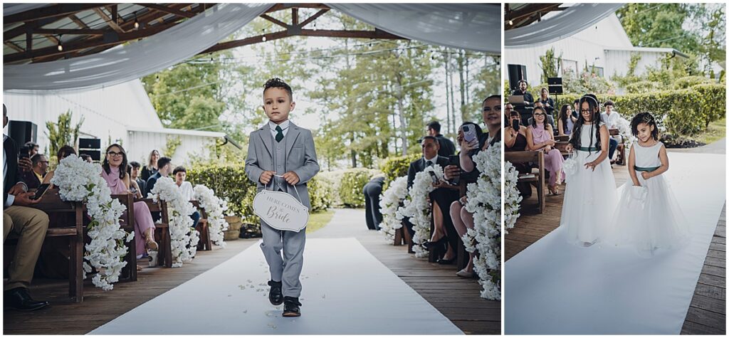 ring bearer and flower girl walking down the aisle
