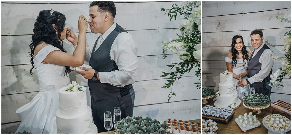 couple cutting and tasting the wedding cake