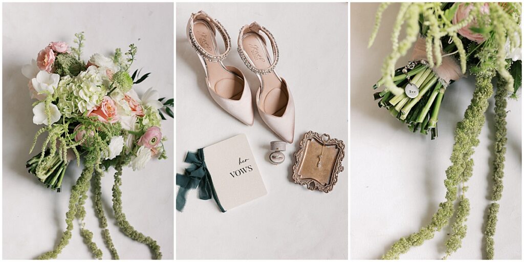 wedding details including shoes vow books, and florals