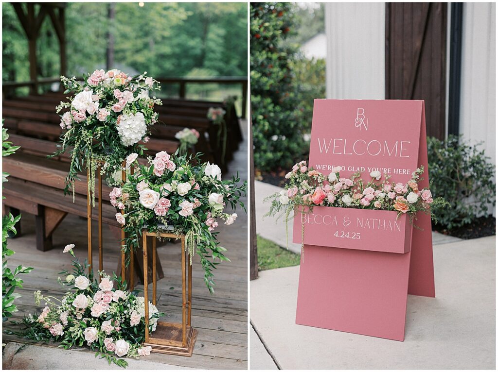 Floral welcome sign and florals for ceremony