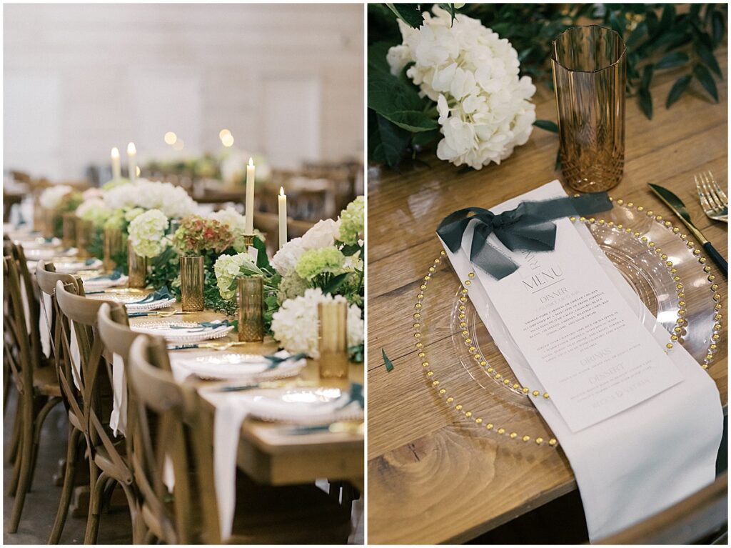 Wedding reception design with menu with bow, candles, glasses and white and green florals