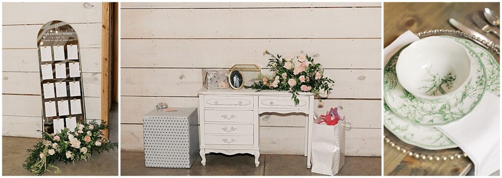 wedding decor - seating chart, desk and vintage china