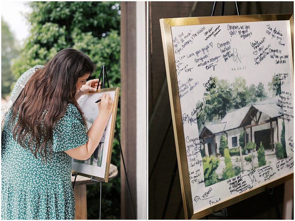 Live painter and finished painted signed by wedding guests an example of how to personalize your wedding
