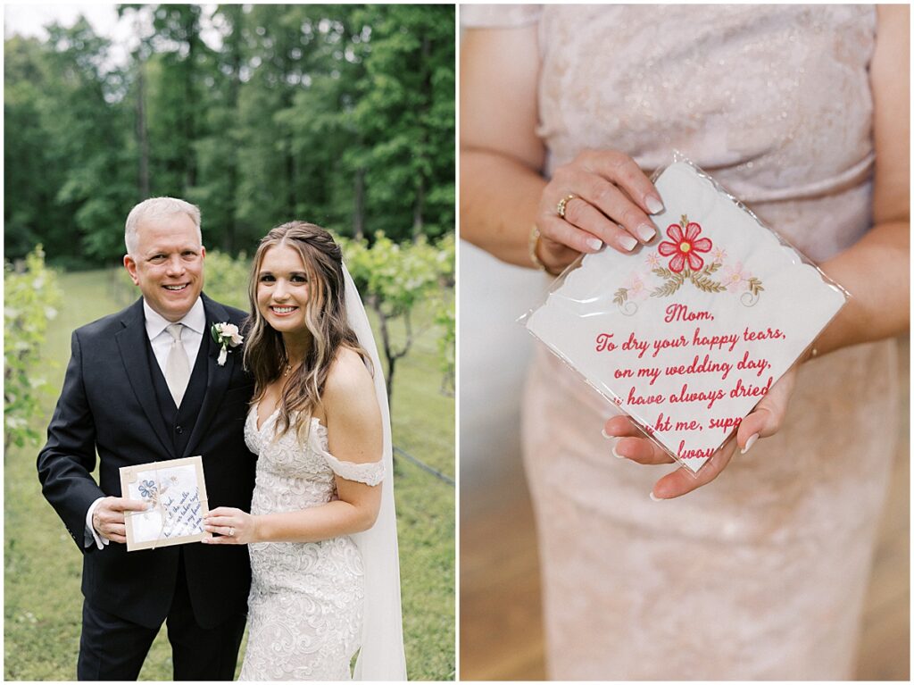 Bride holding handkerchief with father and mother of bride holding handkerchief with inscriptions. Example of how to personalize your wedding