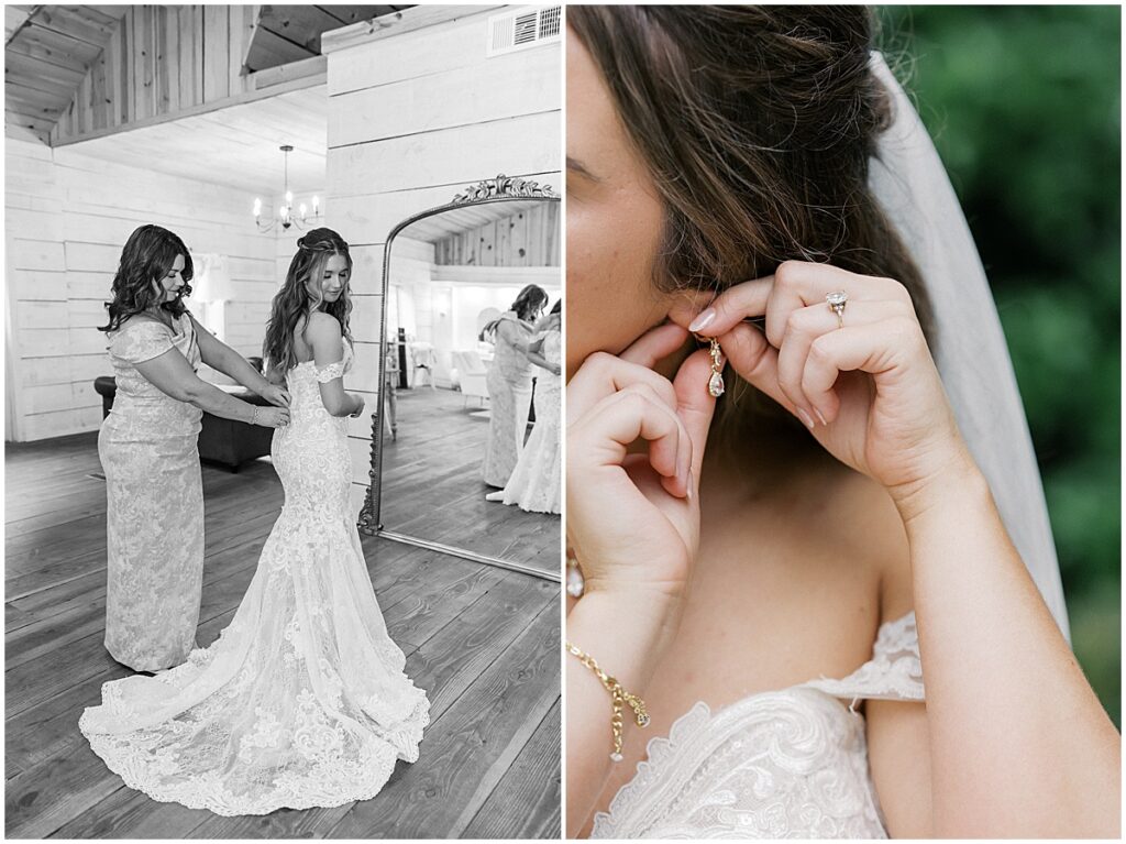 Bride putting on dress and earrings