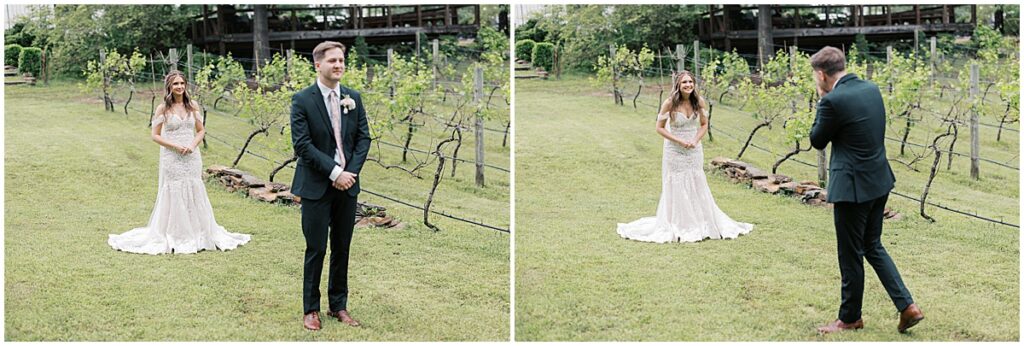 Bride and groom first look in the grounds of Koury Farms