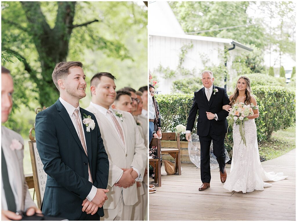 Groom looking on as bride walks down the aisle