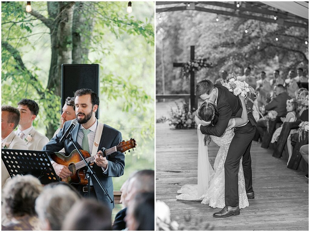 Guitarist and bride and groom kissing in the aisle after ceremony