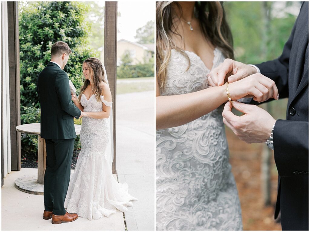 Bride and groom reading vows and exchanging gifts