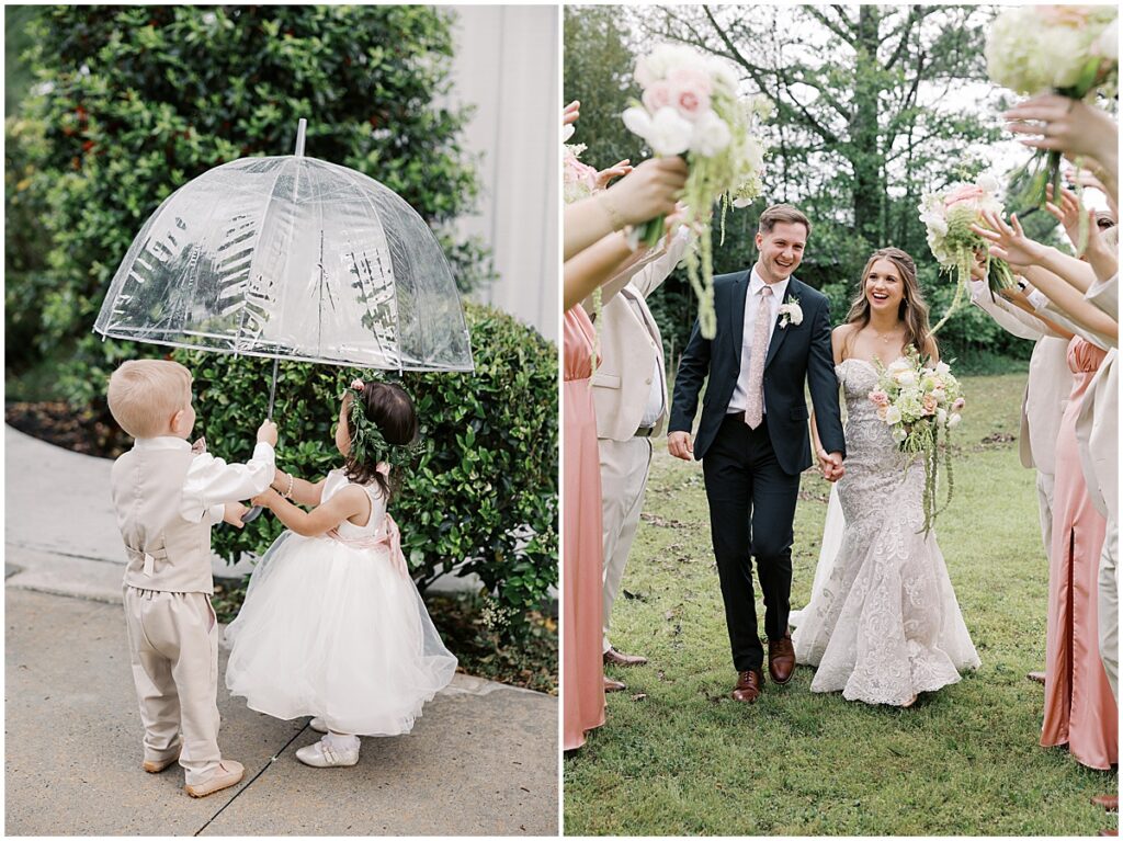 Bride and groom wedding arch with wedding party and boy and girl under an umbrella