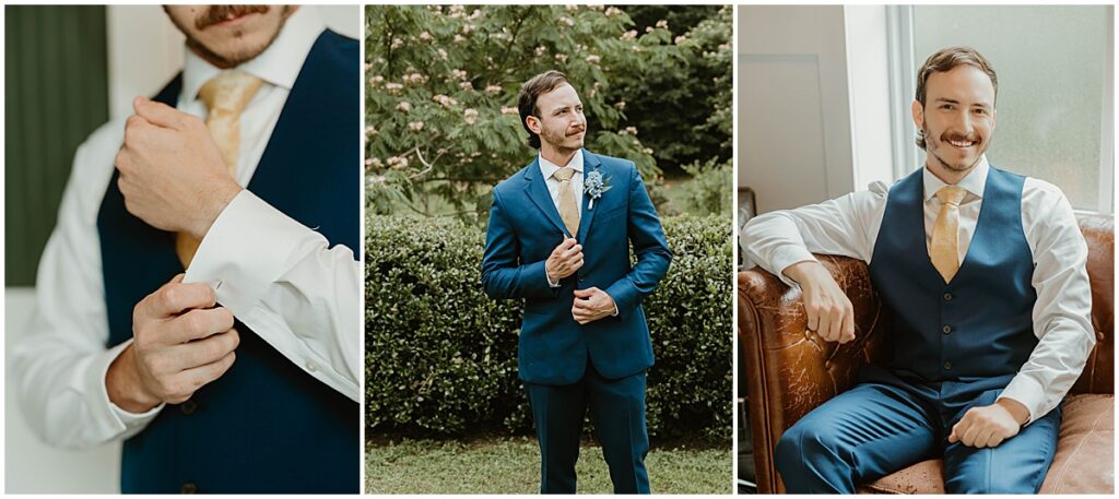 Groom wearing blue suit jacket, waistcoat with cream tie