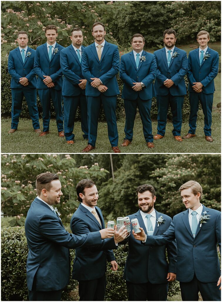 Groomsen in blue suites and cheersing with beer cans