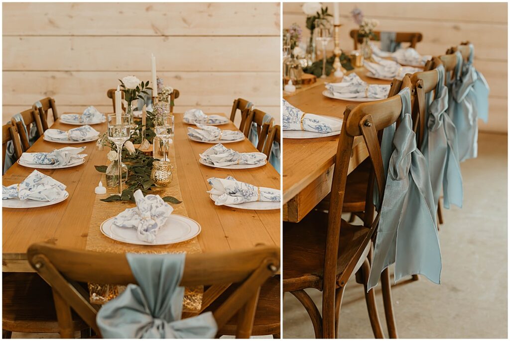 wedding reception table with dusty blue bows tied to chairs, floral napkins, greenery and candles