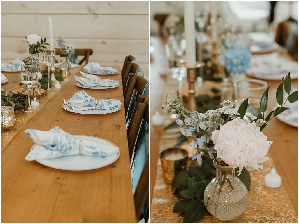 wedding reception tables with florals in glass vases, blue flower design on napkins, drinkware and candles