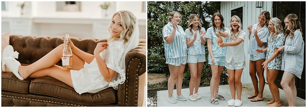 Bride sitting on couch with champagne and popping cork with bridesmaids