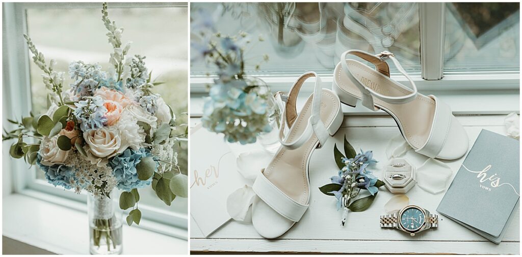 wedding shoes and florals with wedding details like watch rings etc