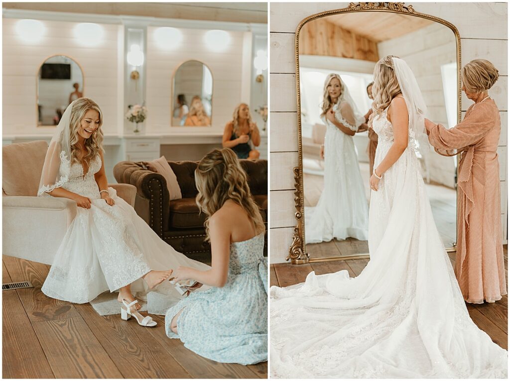 Bride having shoes put on and the veil altered