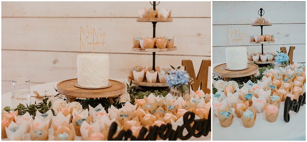 dessert table with cakes and cupcakes