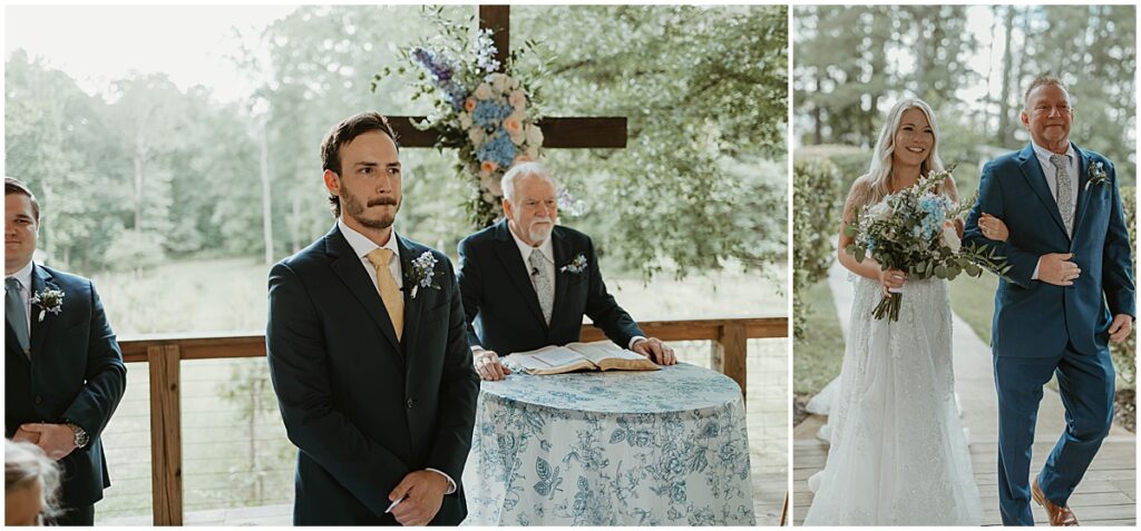 Groom looking on as bride goes down the aisle