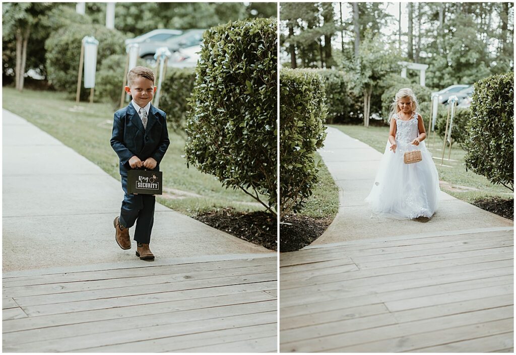 flower girl and ring bearer walking down the aisle