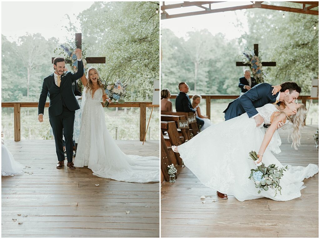 bride and groom just married and dipping for a kiss in the aisle at simple and intentional wedding at koury farms