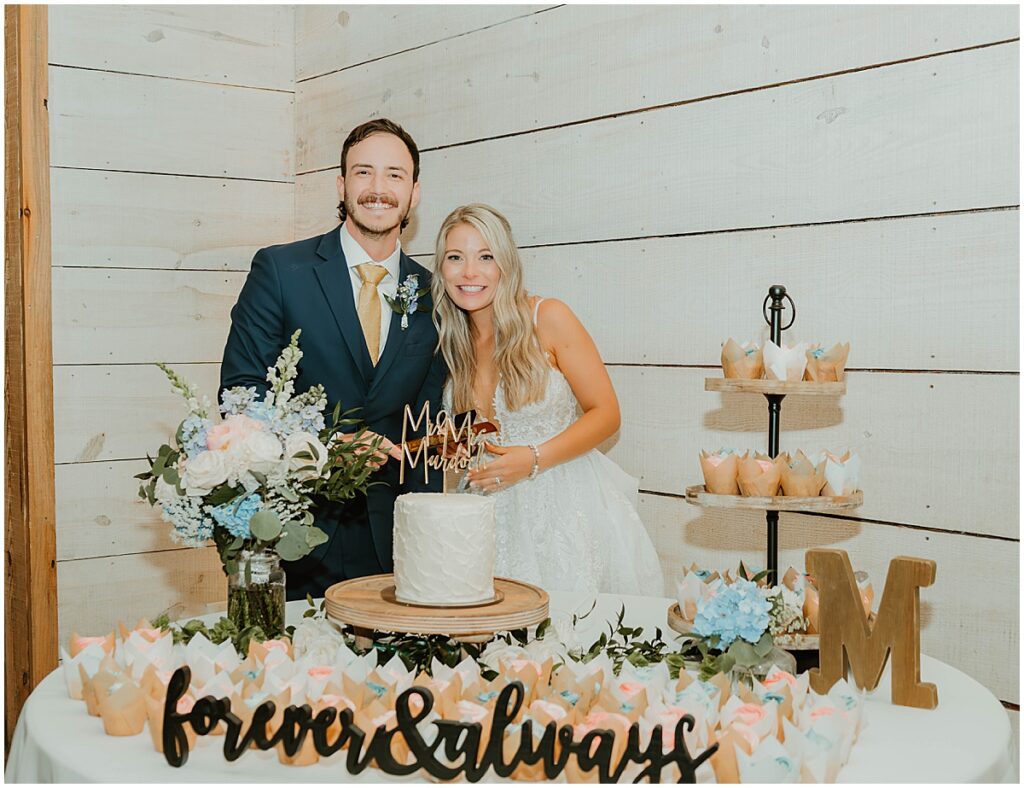 Bride and groom cutting cake