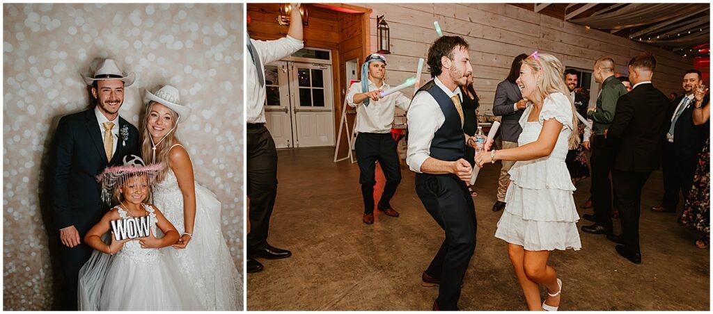 wedding reception with photo booth and light savers