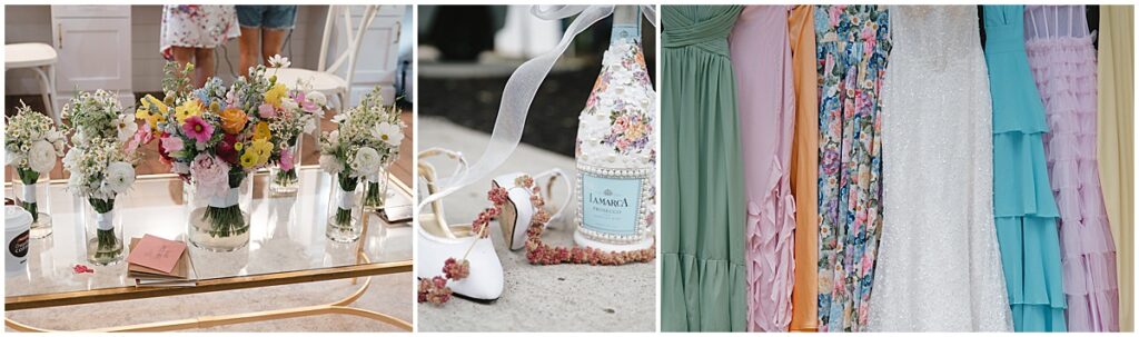 colorful dresses and florals for a floral inspired wedding at koury farms