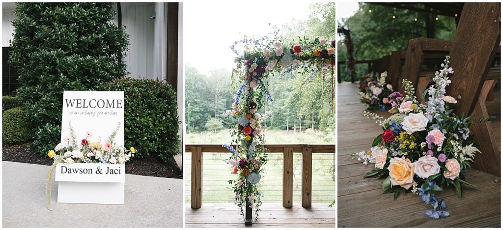 wedding arch and welcome sign with florals at koury farms