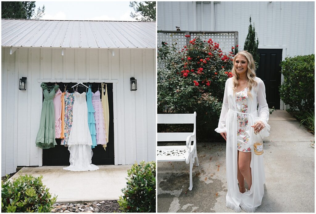 bride holding champagne and bridesmaid dresses hung up for floral inspired wedding