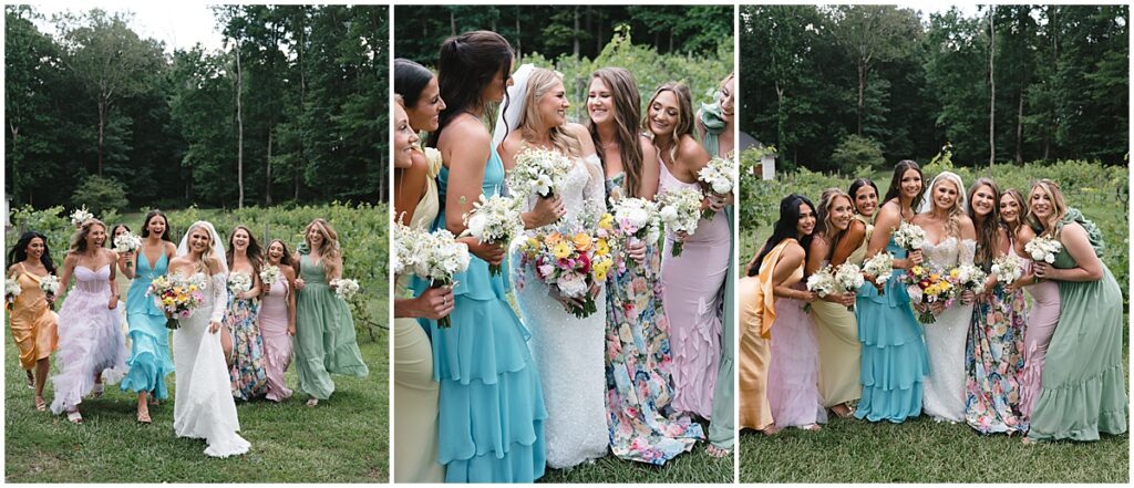 bride with bridesmaids wearing colorful dresses