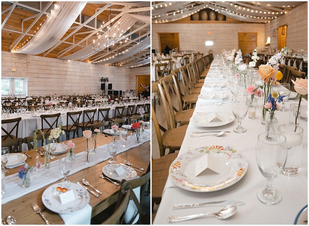 wedding reception with florals plates and candles, glassware and wildflowers