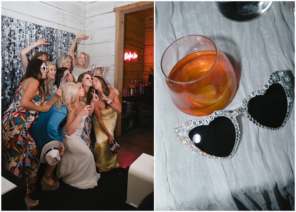 sparkly glasses, drink and photo posing against a silver backdrop