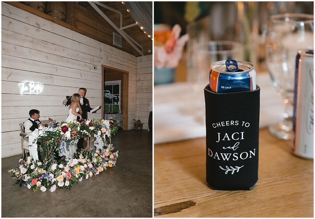 personalized drink coozie and sweet heart table covered with florals