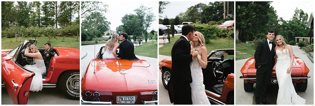 wedding couple posing in front of red corvette sports car